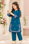 Girls Teal Blue Embroidered 2-Piece Suit – Premium Kidswear